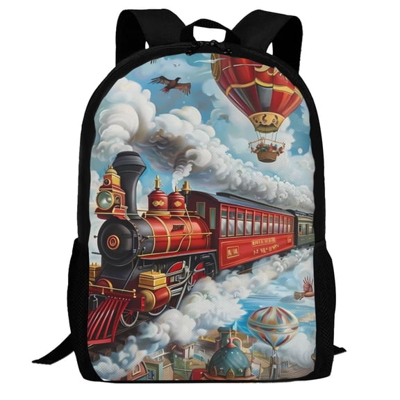 Defioc Red Train Hot Air Balloon Pattern Carry on Backpack,16.5x12.5x5.5 Personal Item Bag Carry On Backpack Water Resistant Lightweight Daypack