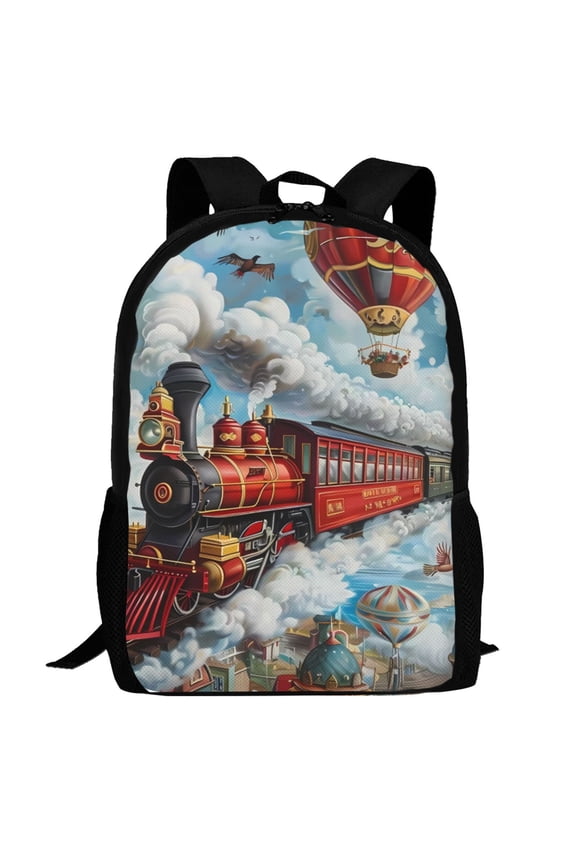 Red Train Hot Air Balloon Pattern Carry on Backpack,16.5x12.5x5.5 Personal Item Bag Carry On Backpack Water Resistant Lightweight Daypack