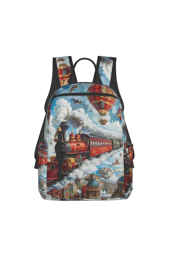 Red Train Hot Air Balloon Pattern Travel Laptop Backpack,Lightweight Backpack Travel Hiking Daypack Backpack Work Bag for Men Women
