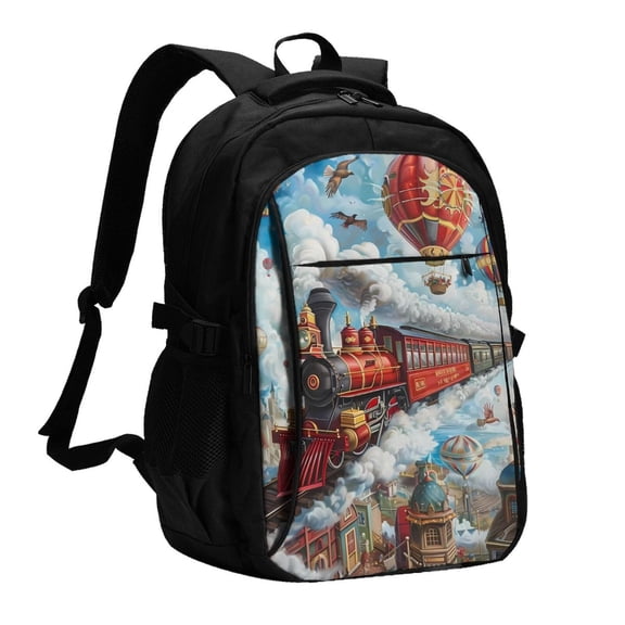 Defioc Red Train Hot Air Balloon for Travel Backpack for Women,15.6 inch Laptop Backpack Carry On Backpack Personal Item Travel Bag Daypack for School Weekender Business Trip