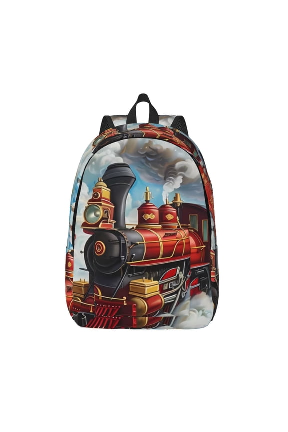 Red Train Hot Air Balloon for Canvas Backpack,Travel Rucksack Unisex Knapsack Laptop Backpack for Work & College -Medium