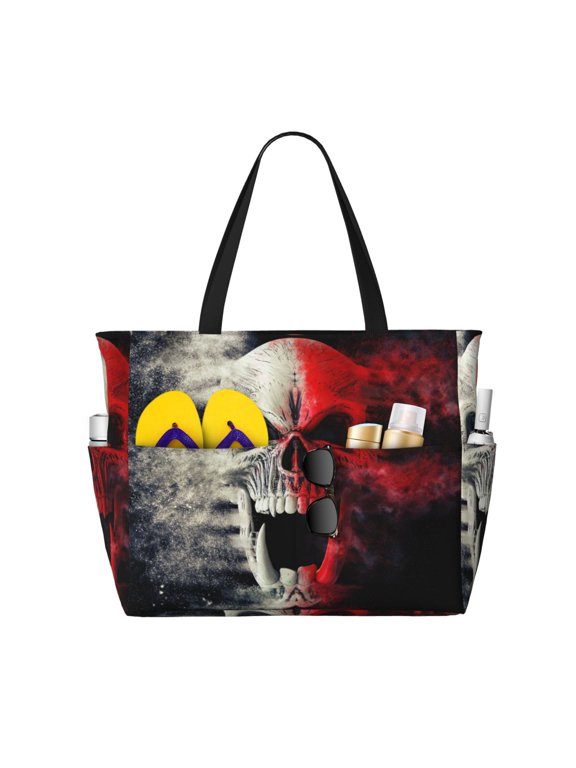 Red And White Screaming Demon Skull Pattern Beach Bag for Women - Large Beach Tote Bag Waterproof Sandproof Swim Pool Bag Everyday Bag Handbags with Zipper