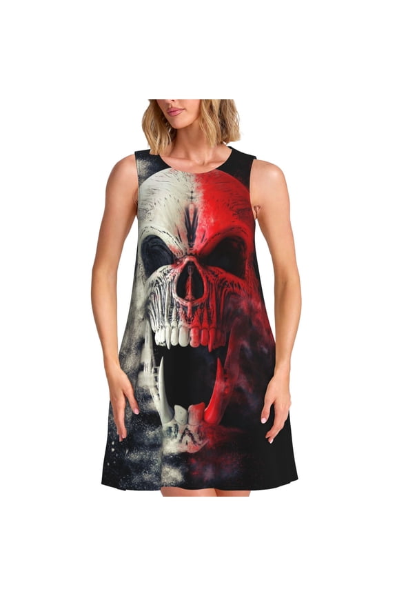 Red And White Screaming Demon Skull Pattern Women's Summer Dresses 2025 Beach Casual Sleeveless Tank Loose Sundress Beach Vacation Clothes with Pocket -Small