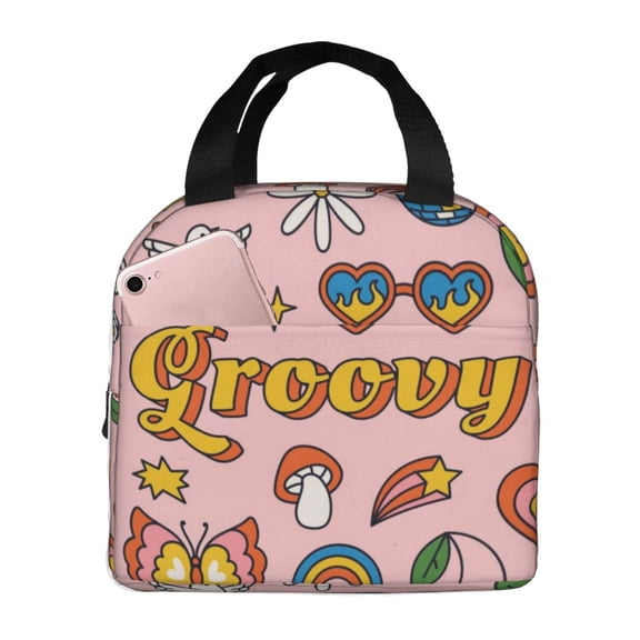 Defioc Retro 70s Hippie Print Lunch Box,Lunch Bag for Women Men Reusable Insulated Lunch Tote for Work/Office/Picnic/Travel