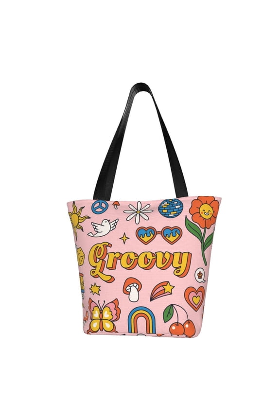 Retro 70s Hippie Print Tote Bag for Women,Shoulder Bag with Zipper Casual Tote's Handbag Big Capacity Shoulder Bag with Inner Pocket Fit for Shopping,Office,Travel
