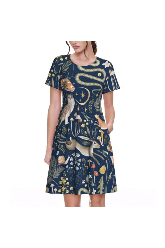 Retro Forest Animals Pattern Womens Summer Dresses Short Sleeve Sundress 2025 Beach Vacation Dresses with Pockets -Medium