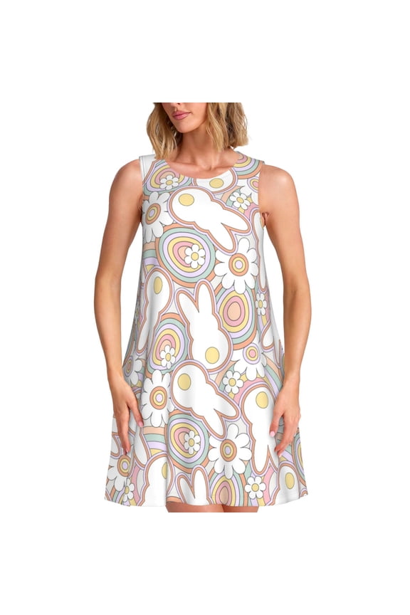 Retro Hippie Groovy Easter bunny Pattern Women's Summer Dresses 2025 Beach Casual Sleeveless Tank Loose Sundress Beach Vacation Clothes with Pocket -3X-Large