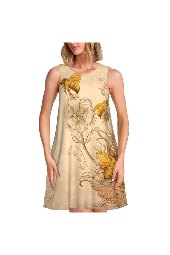 Retro Honey Bees Pattern Women's Summer Dresses 2025 Beach Casual Sleeveless Tank Loose Sundress Beach Vacation Clothes with Pocket -Large