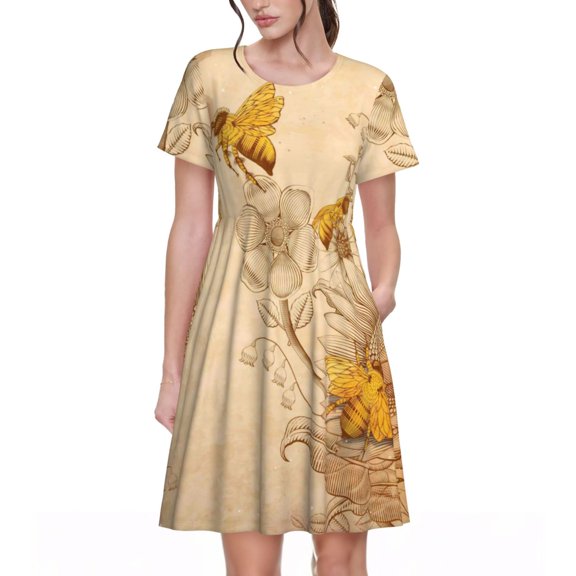 Defioc Retro Honey Bees Pattern Womens Summer Dresses Short Sleeve Sundress 2025 Beach Vacation Dresses with Pockets -3X-Large