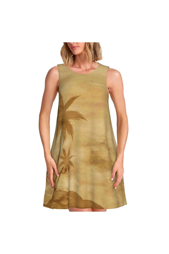 Retro Palm Tree Pattern Women's Summer Dresses 2025 Beach Casual Sleeveless Tank Loose Sundress Beach Vacation Clothes with Pocket -X-Large