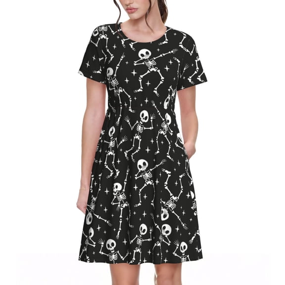 Defioc Retro Skeleton Dancing On Halloween Party Pattern Womens Summer Dresses Short Sleeve Sundress 2025 Beach Vacation Dresses with Pockets -XX-Large