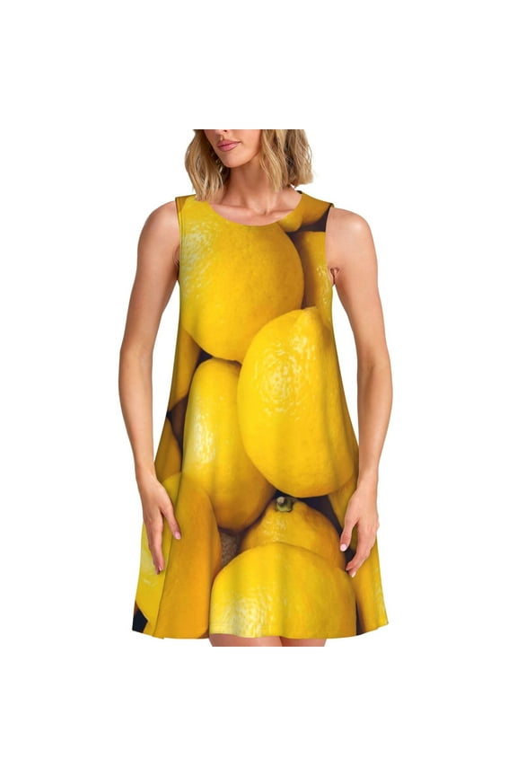 Ripe Yellow Lemon Pattern Women's Summer Dresses 2025 Beach Casual Sleeveless Tank Loose Sundress Beach Vacation Clothes with Pocket -X-Large