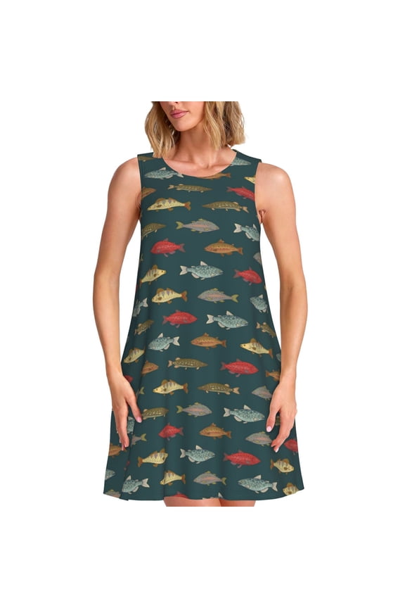 River Freshwater Fish Pattern Women's Summer Dresses 2025 Beach Casual Sleeveless Tank Loose Sundress Beach Vacation Clothes with Pocket -Large
