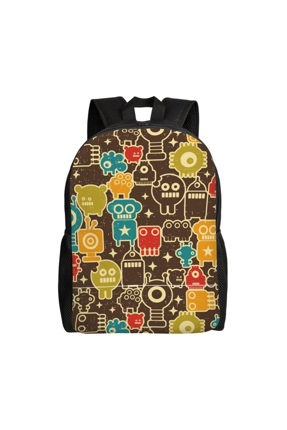 Robot and Monsters Print Backpack -Travel,or Work Bookbag Daypacks with 15-Inch Laptop Sleeve and Dual Water Bottle Pockets