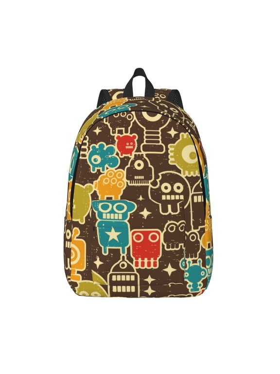 Robot and Monsters for Canvas Backpack,Travel Rucksack Unisex Knapsack Laptop Backpack for Work & College -Medium