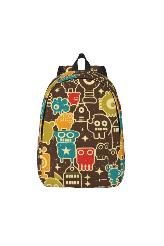 Robot and Monsters for Canvas Backpack,Travel Rucksack Unisex Knapsack Laptop Backpack for Work & College -Small