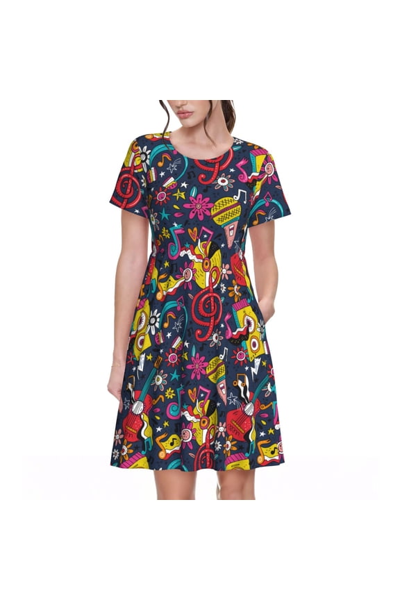 Rock Music Pattern Womens Summer Dresses Short Sleeve Sundress 2025 Beach Vacation Dresses with Pockets -Large