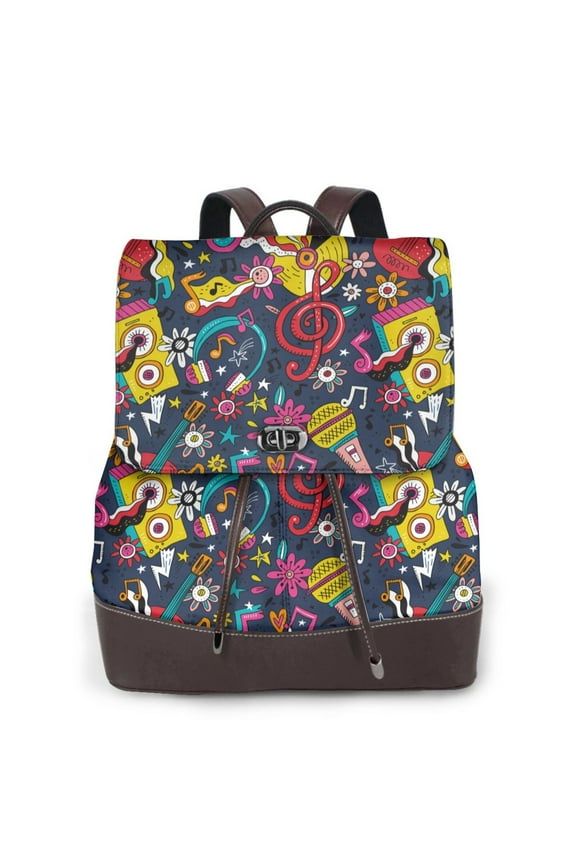 Rock Music Print PU Leather Backpack,Backpack Purse for Women Fashion Multipurpose Design Handbag Ladies Bags Travel Backpack