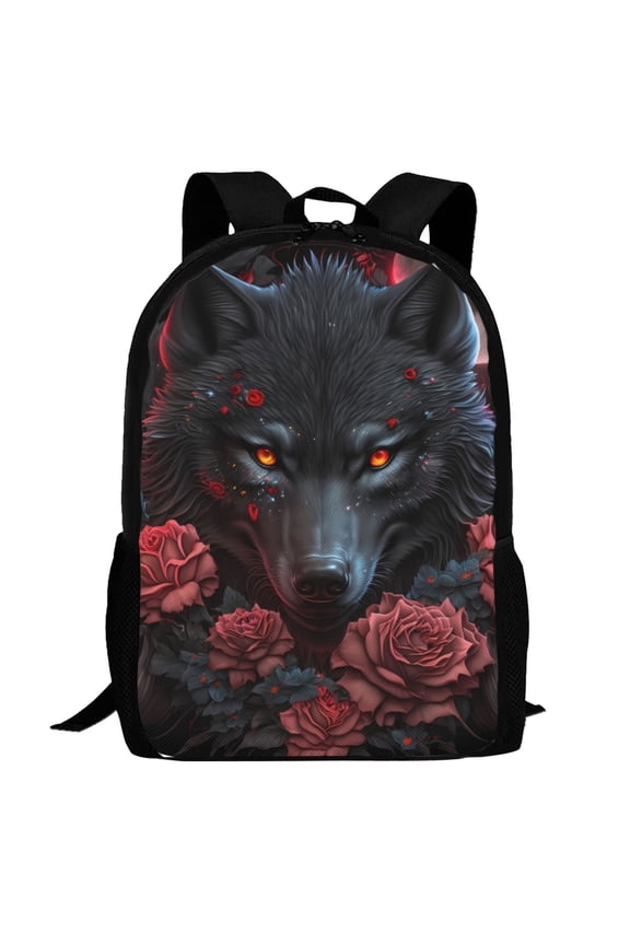 Rose Full Moon Black Wolf Pattern Carry on Backpack,16.5x12.5x5.5 Personal Item Bag Carry On Backpack Water Resistant Lightweight Daypack