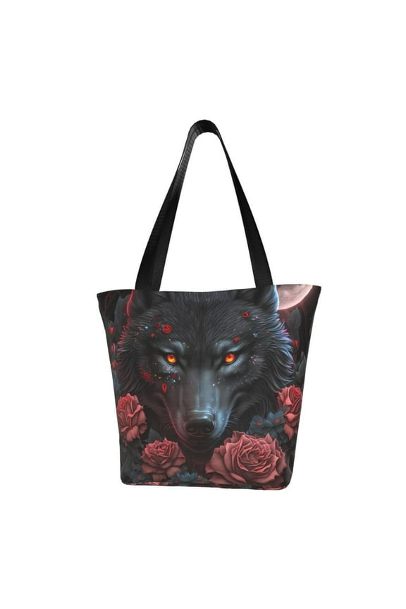 Rose Full Moon Black Wolf Print Tote Bag for Women,Shoulder Bag with Zipper Casual Tote's Handbag Big Capacity Shoulder Bag with Inner Pocket Fit for Shopping,Office,Travel