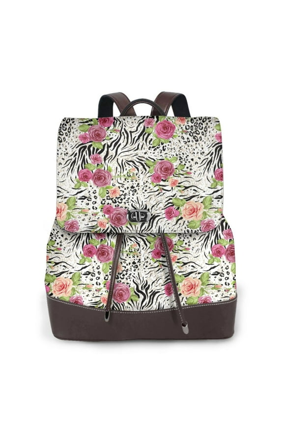 Roses Mixed Zebra Print PU Leather Backpack,Backpack Purse for Women Fashion Multipurpose Design Handbag Ladies Bags Travel Backpack