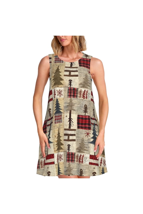 Rustic Plaid Forest Lodge Pattern Women's Summer Dresses 2025 Beach Casual Sleeveless Tank Loose Sundress Beach Vacation Clothes with Pocket -XX-Large