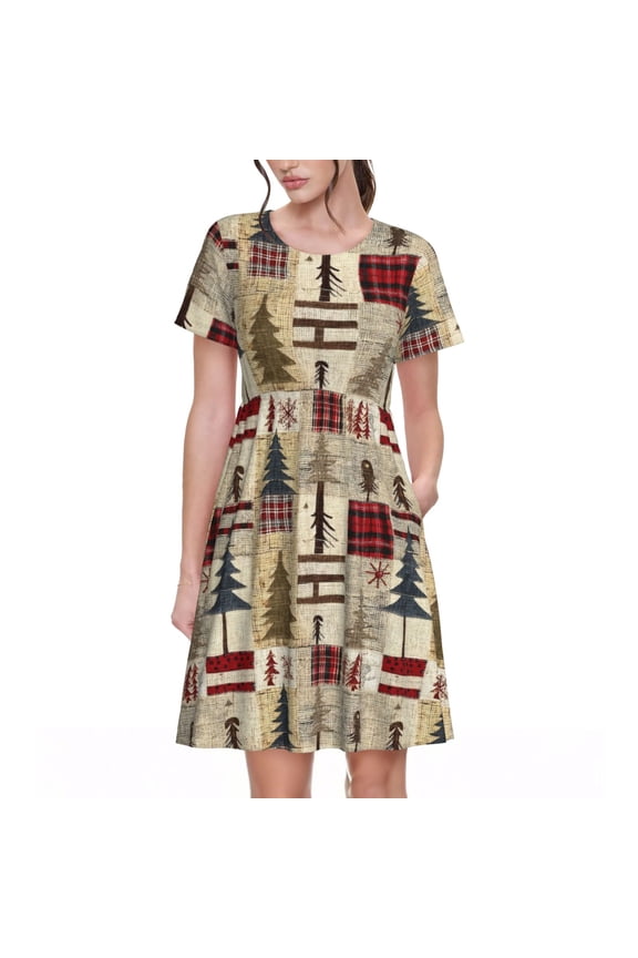 Rustic Plaid Forest Lodge Pattern Womens Summer Dresses Short Sleeve Sundress 2025 Beach Vacation Dresses with Pockets -Small