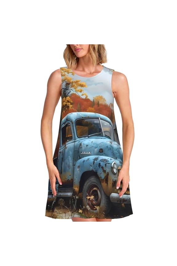 Rustic Vintage Truck Autumn Pattern Women's Summer Dresses 2025 Beach Casual Sleeveless Tank Loose Sundress Beach Vacation Clothes with Pocket -Large