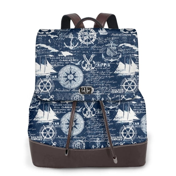Defioc Sailing Cruises Nautical Print PU Leather Backpack,Backpack Purse for Women Fashion Multipurpose Design Handbag Ladies Bags Travel Backpack