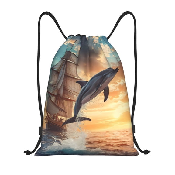 Defioc Sailing Dancing Dolphin for Drawstring Backpack Sports Gym Bag for Women Men Children Adult Sackpack Yoga Bag for Wet Swimming,Gym,and Workout Gear -Medium