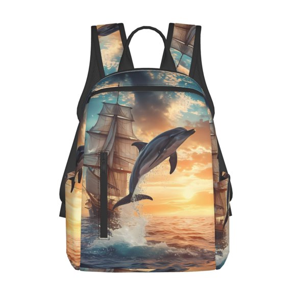 Defioc Sailing Dancing Dolphin Pattern Travel Laptop Backpack,Lightweight Backpack Travel Hiking Daypack Backpack Work Bag for Men Women