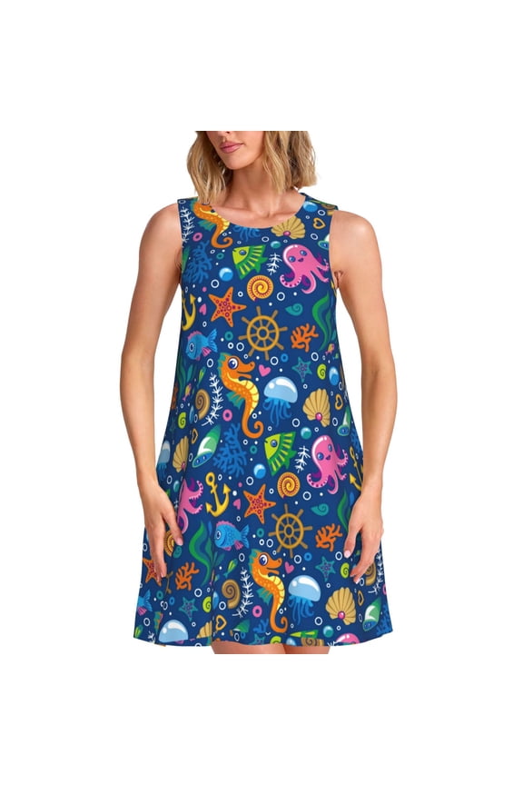 Sea Fish Pattern Women's Summer Dresses 2025 Beach Casual Sleeveless Tank Loose Sundress Beach Vacation Clothes with Pocket -Large