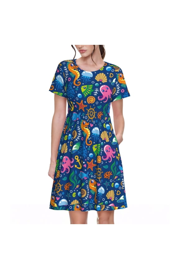 Sea Fish Pattern Womens Summer Dresses Short Sleeve Sundress 2025 Beach Vacation Dresses with Pockets -Small
