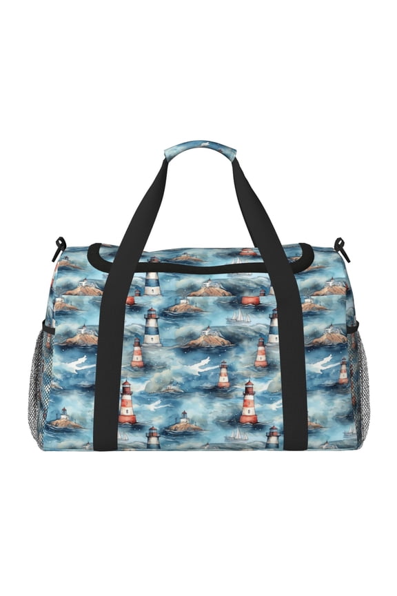 Sea Marine And Lighthouse Print Hand Travel Bag - Foldable Travel Duffel Bags for Men Women -Sport Gym Bag - Overnight Travel Duffel Bag - Adjustable Shoulder Strap
