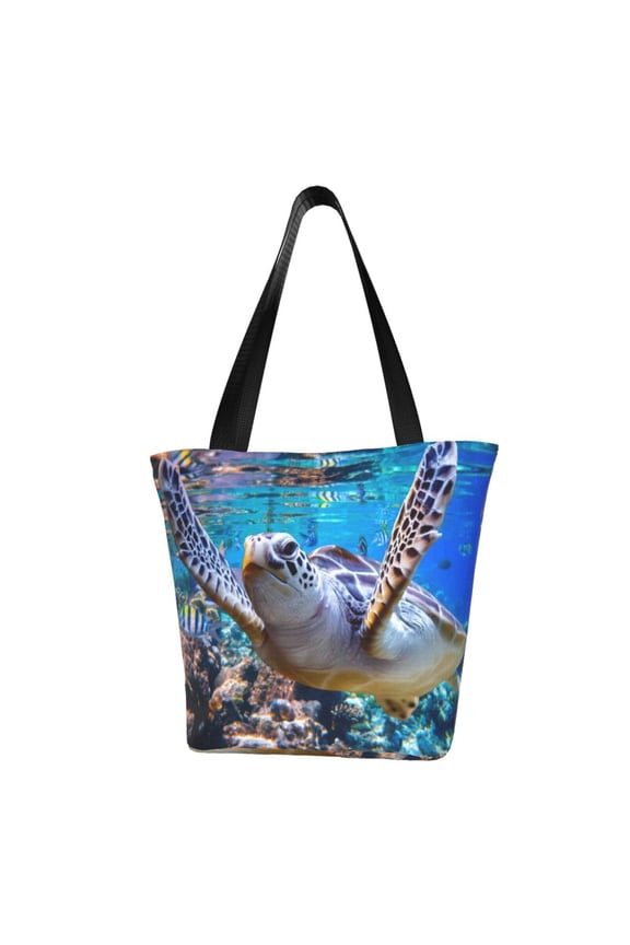 Sea Turtle Swims Print Tote Bag for Women,Shoulder Bag with Zipper Casual Tote's Handbag Big Capacity Shoulder Bag with Inner Pocket Fit for Shopping,Office,Travel