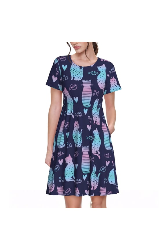 Silhouette Cats Pattern Womens Summer Dresses Short Sleeve Sundress 2025 Beach Vacation Dresses with Pockets -3X-Large