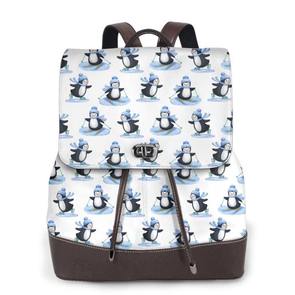 Defioc Skiing Penguin Funny Print PU Leather Backpack,Backpack Purse for Women Fashion Multipurpose Design Handbag Ladies Bags Travel Backpack