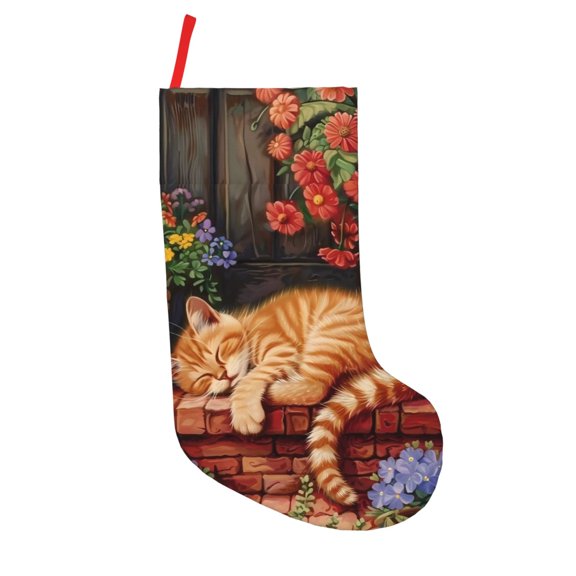 Defioc Sleeping Cat Flowers for Christmas Stockings 18" Personalized Holiday Stocking for Family, Farmhouse Decor, Xmas Tree Decoration, 1 Pack