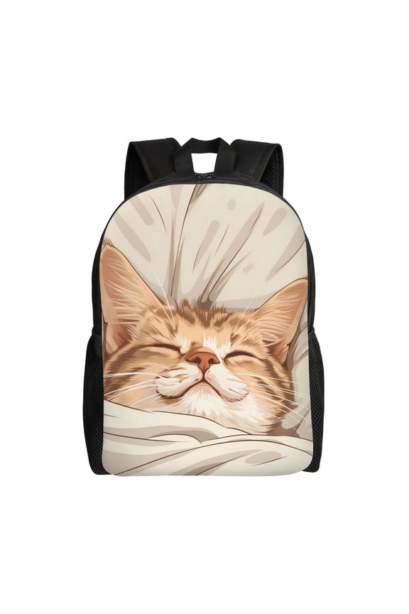 Sleeping Cat In Blanket Print Backpack -Travel,or Work Bookbag Daypacks with 15-Inch Laptop Sleeve and Dual Water Bottle Pockets