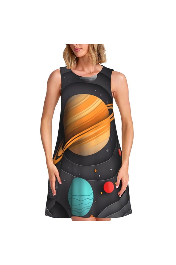 Solar System Paper Art Pattern Women's Summer Dresses 2025 Beach Casual Sleeveless Tank Loose Sundress Beach Vacation Clothes with Pocket -XX-Large