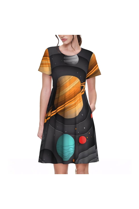 Solar System Paper Art Pattern Womens Summer Dresses Short Sleeve Sundress 2025 Beach Vacation Dresses with Pockets -Medium