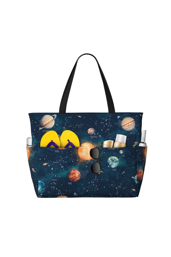 Solar System And Planets Pattern Beach Bag for Women - Large Beach Tote Bag Waterproof Sandproof Swim Pool Bag Everyday Bag Handbags with Zipper