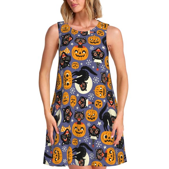 Defioc Spooky Cats And Halloween Pumpkins Pattern Women's Summer Dresses 2025 Beach Casual Sleeveless Tank Loose Sundress Beach Vacation Clothes with Pocket -XX-Large