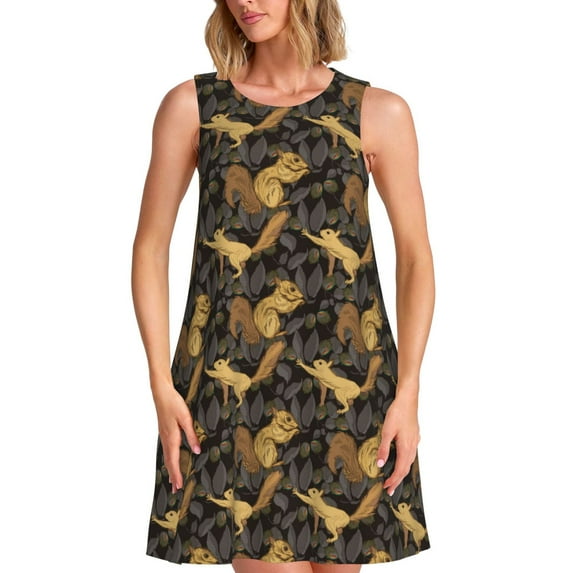 Defioc Squirrel Gathering Nuts Pattern Women's Summer Dresses 2025 Beach Casual Sleeveless Tank Loose Sundress Beach Vacation Clothes with Pocket -X-Large