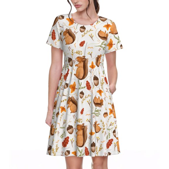 Defioc Squirrel Pattern Womens Summer Dresses Short Sleeve Sundress 2025 Beach Vacation Dresses with Pockets -Small