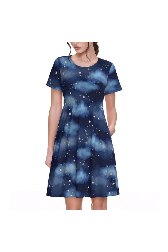 Starry Sky Pattern Womens Summer Dresses Short Sleeve Sundress 2025 Beach Vacation Dresses with Pockets -XX-Large