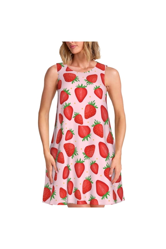 Strawberries Pattern Women's Summer Dresses 2025 Beach Casual Sleeveless Tank Loose Sundress Beach Vacation Clothes with Pocket -Medium