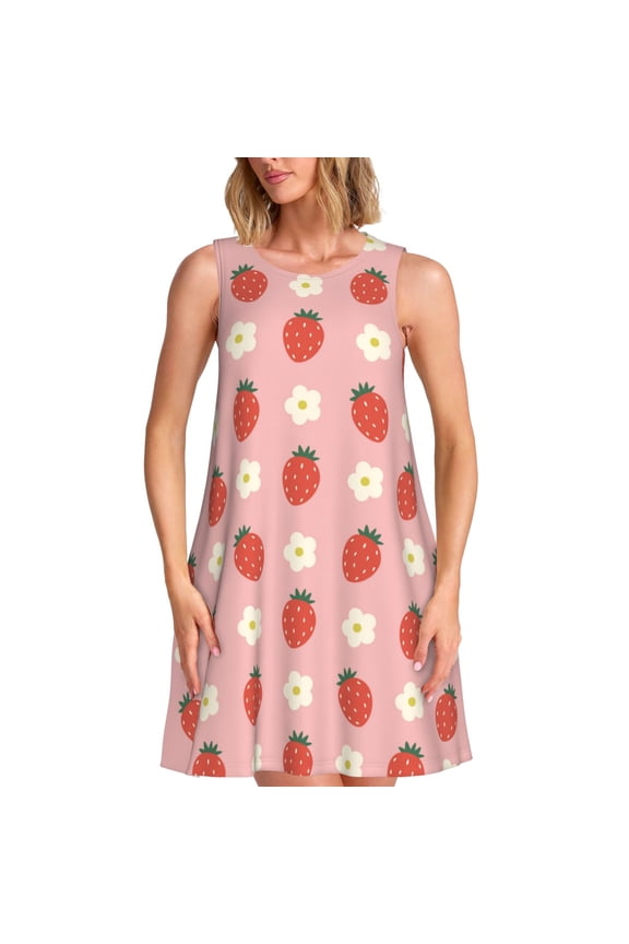 Strawberry Pattern Women's Summer Dresses 2025 Beach Casual Sleeveless Tank Loose Sundress Beach Vacation Clothes with Pocket -XX-Large