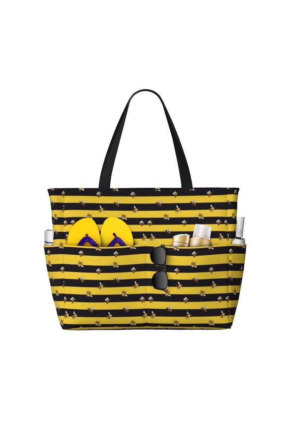 Striped With Bees Pattern Beach Bag for Women - Large Beach Tote Bag Waterproof Sandproof Swim Pool Bag Everyday Bag Handbags with Zipper