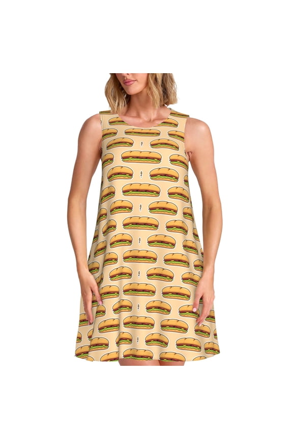 Submarine Sub Sandwich Pattern Women's Summer Dresses 2025 Beach Casual Sleeveless Tank Loose Sundress Beach Vacation Clothes with Pocket -X-Large